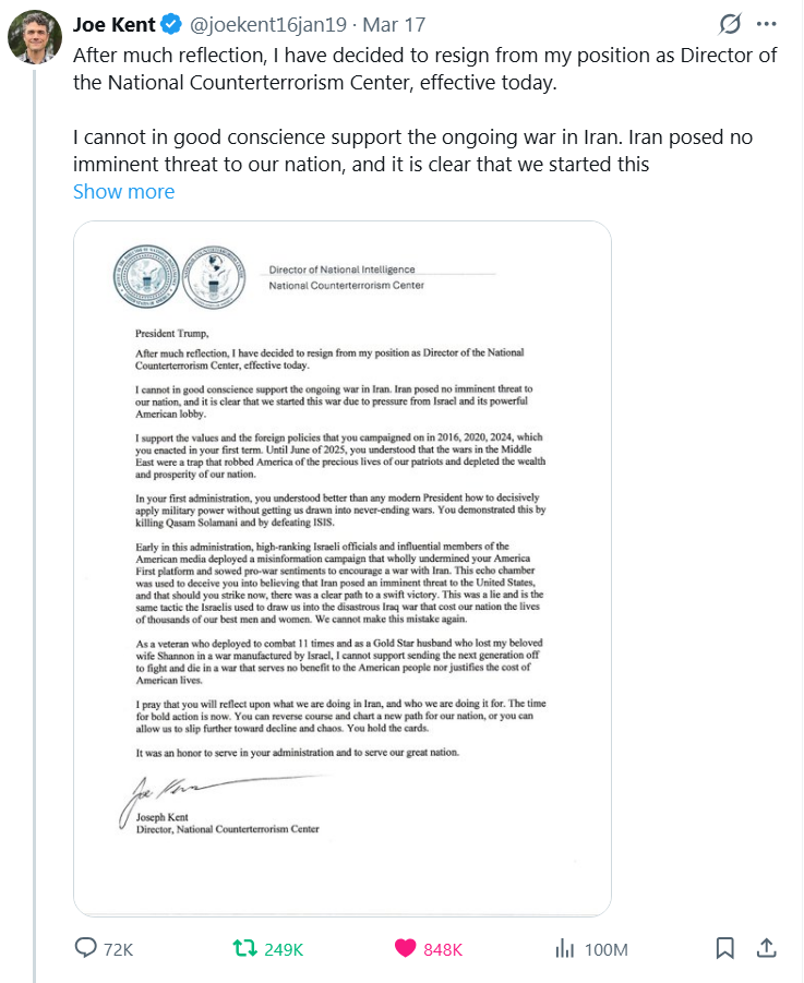 Joe Kent Resigns as Director of the National Counterterrorism Center